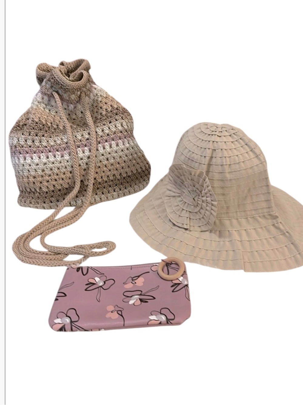 BUNDLE the sak Crochet Beachy Backpack Bucket Sun Hat IPSY Make up Bag